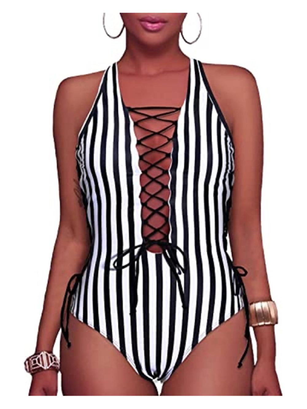 NWT Women's HOLIPICK Striped One Piece Swimsuit XL Black White